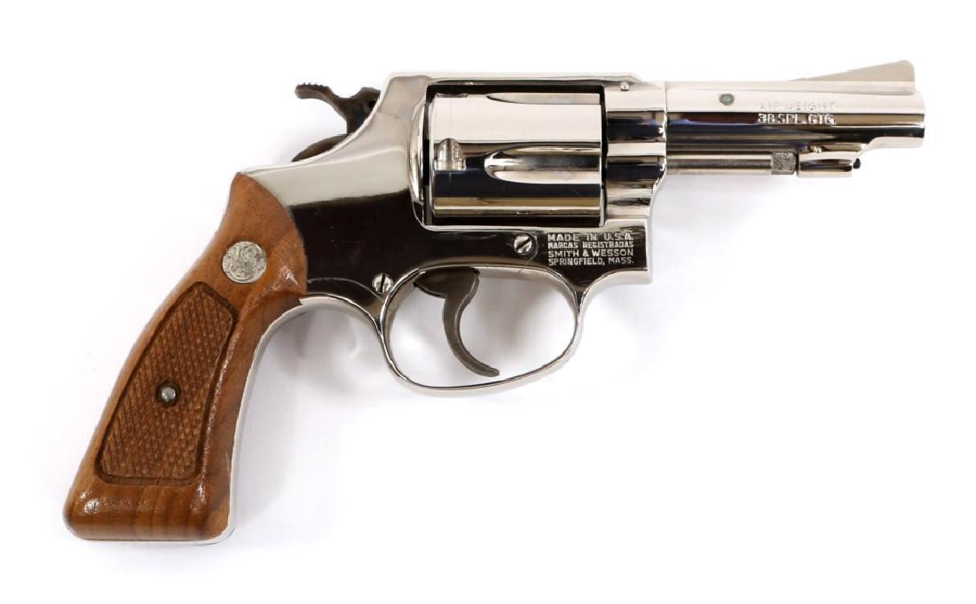 SMITH & WESSON MODEL 37 .38 SPECIAL REVOLVER: SMITH & WESSON MODEL 37 .38 SPECIAL REVOLVER Smith & Wesson Airweight Model 37 no-dash revolver. 3 inch pinned barrel, nickel plated finish, and Smith & Wesson medallion walnut grips. J prefix serial