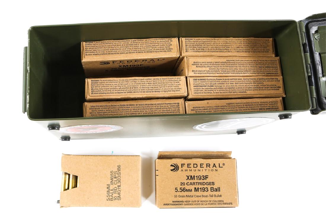 350 ROUNDS OF 5.56 AMMO IN CAN: 350 ROUNDS OF 5.56 AMMO IN CAN 16-20 round Boxes of Federal 5.56mm M193 Ball ammunition and one box with three loaded 10 round stripper clips. Caliber / Gauge: 5.56