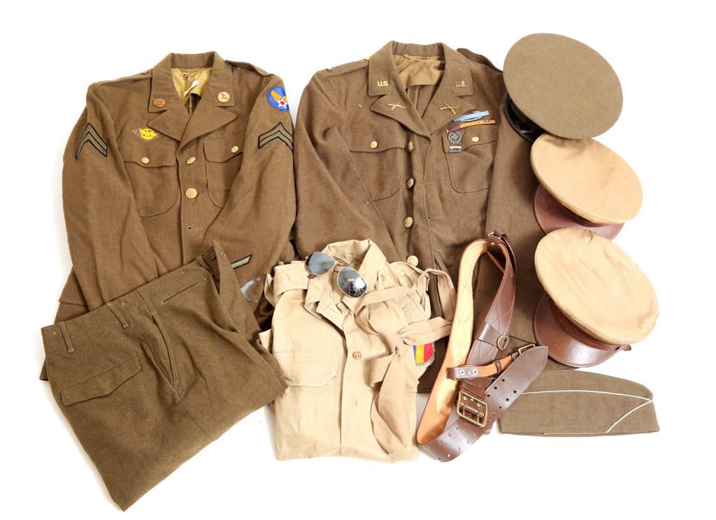 WWII US ARMY NCO DRESS UNIFORM LOT: WWII US ARMY NCO DRESS UNIFORM LOT Three visor caps, two jackets, pants, shirt, belt, and over seas cap.