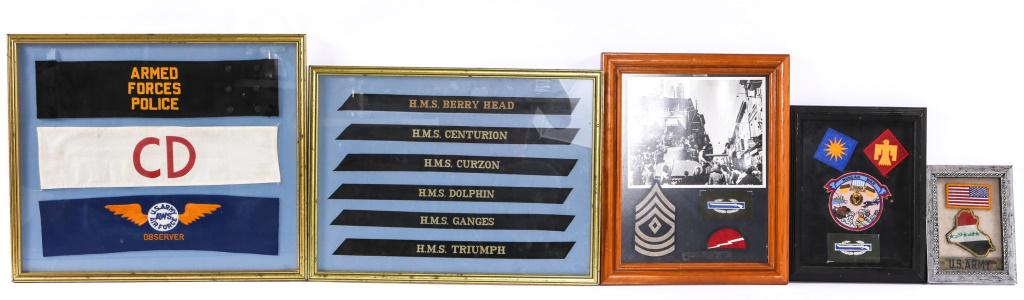 FRAMED PATCHES AND RIBBON MIXED LOT: FRAMED PATCHES AND RIBBON MIXED LOT 6.5" x 8.5" framed Iraq shaped flag patch, US flag patch and US Army name tape. 10.5" x 13" framed Korean war patches. 13.5" x 16.5" framed WWII rank, unit and CIB