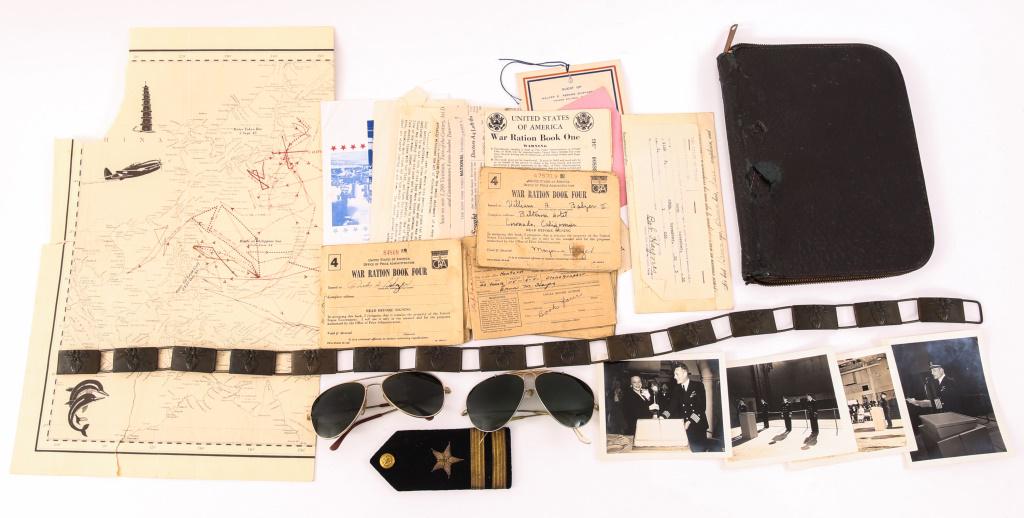 WWII US PERSONAL ITEM & DOCUMENT LOT: WWII US PERSONAL ITEM & DOCUMENT LOT Decorative US Navy belt. 2 aviator sunglasses ( one has missing nose piece and broken rubber on ear piece.) Pre-WWII discharge papers, photos, War Ration books, le