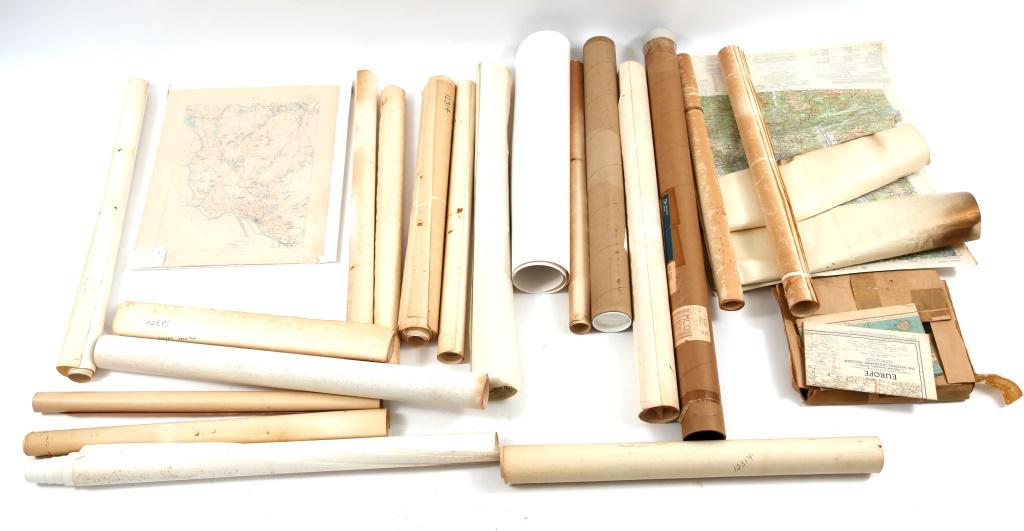 VINTAGE MAPS LARGE LOT: VINTAGE MAPS LARGE LOT Topographical, navigational, and illustrative maps from various parts of the world. 24"-35" when rolled.
