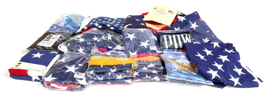 ARMY - NAVY SURPLUS NOVELTY / MILITARY FLAG LOT: ARMY - NAVY SURPLUS NOVELTY / MILITARY FLAG LOT Army - Navy Surplus, Large lot of American, novelty and / or Military theme flags mixed lot of nylon printed and / or cotton embroidered , 3' x 5' , som
