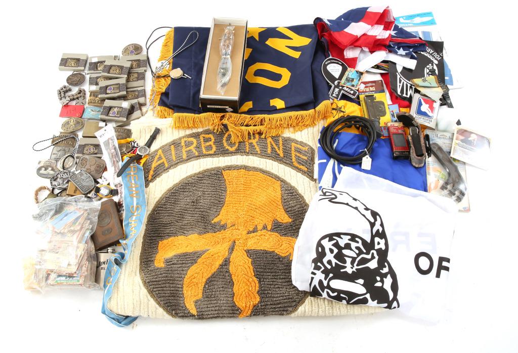 US MILITARY BANNER, RUG & CARD LOT: US MILITARY BANNER, RUG & CARD LOT Military Order of The Purple Heart belt buckles. POWMIA magnets, Gulf War geographic and vehicle ID cards. PS Marine Corps commemorative knife, in box. VMF 221 Fight