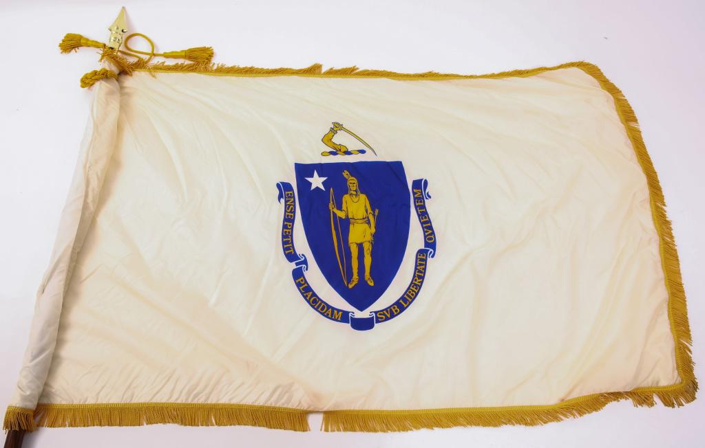 MASSACHUSETTS STATE FLAG: MASSACHUSETTS STATE FLAG Nylon flag on pole. Pole is 55" long. Size: 39" X 59"