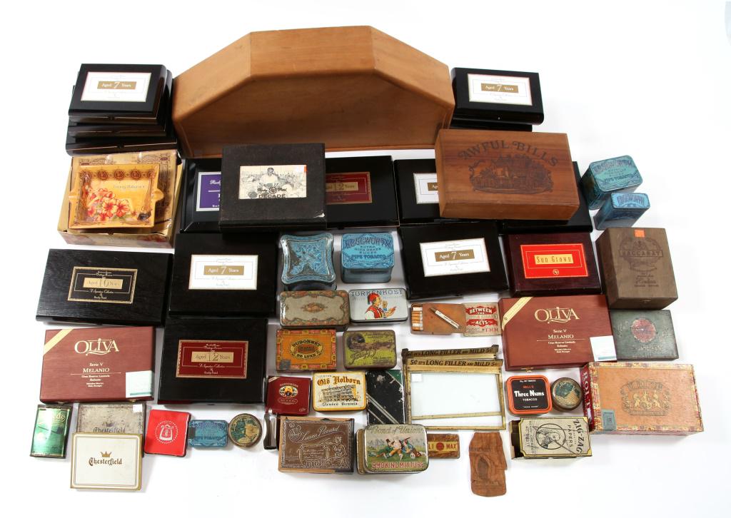 TOBACCO TIN, CIGAR BOX & ASHTRAY LOT: TOBACCO TIN, CIGAR BOX & ASHTRAY LOT Large lot of assorted tobacco tins, cigar boxes, cigarette tins, and ashtrays.