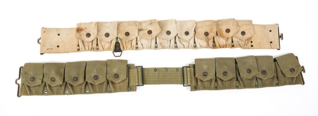 SPAN-AM WAR US ARMY EAGLE SNAPS CARTRIDGE BELT LOT: SPAN-AM WAR US ARMY EAGLE SNAPS CARTRIDGE BELT LOT Spanish American War, US Army Eagle snap cartridge belt lot of two. 1- M1903, first pattern 9 pockets Cavalry. 1- M1902, Infantry 10 pockets.