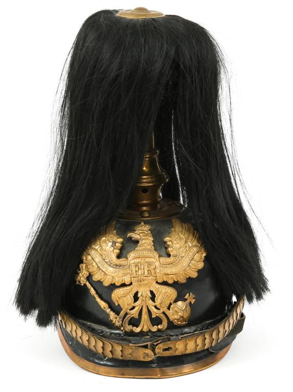 WWI PRUSSIAN NCO PICKELHAUBE HELMET WITH PLUME: WWI PRUSSIAN NCO PICKELHAUBE HELMET WITH PLUME Imperial German World War I Prussian NCO spiked helmet with black horse hair parade plume.