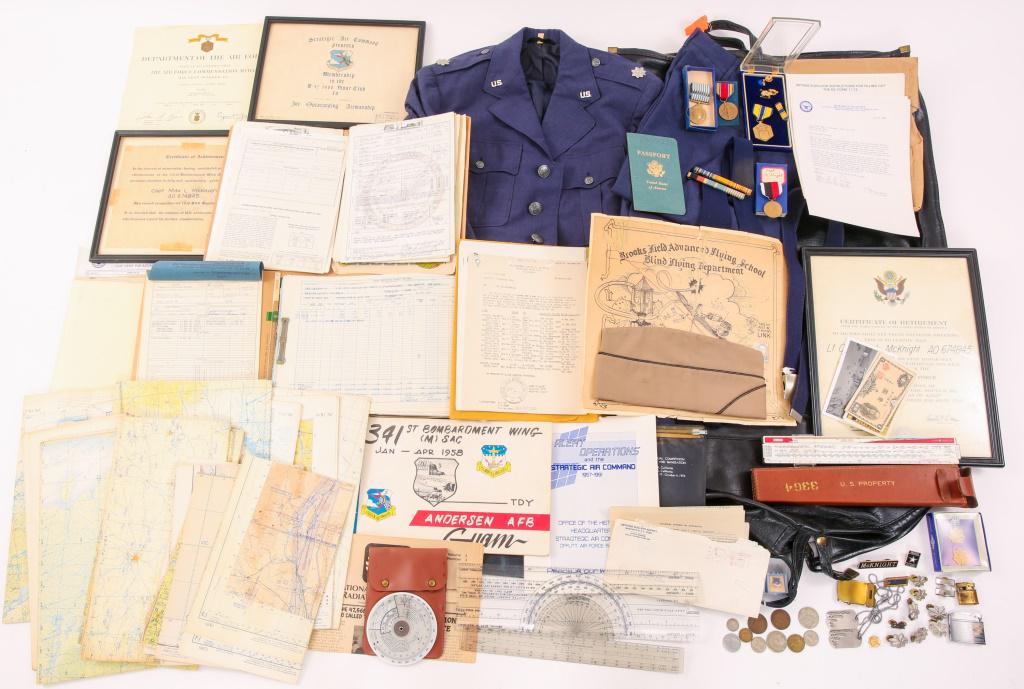 WWII - VIETNAM WAR USAF Lt COLONEL NAMED GROUPING: WWII - VIETNAM WAR USAF Lt COLONEL NAMED GROUPING WWII - Vietnam War, USAF pilot Lt Colonel Max L. McKnight archive. Includes Uniform, tunic and pants, lot of 22- US aerial maps (limited photos of the