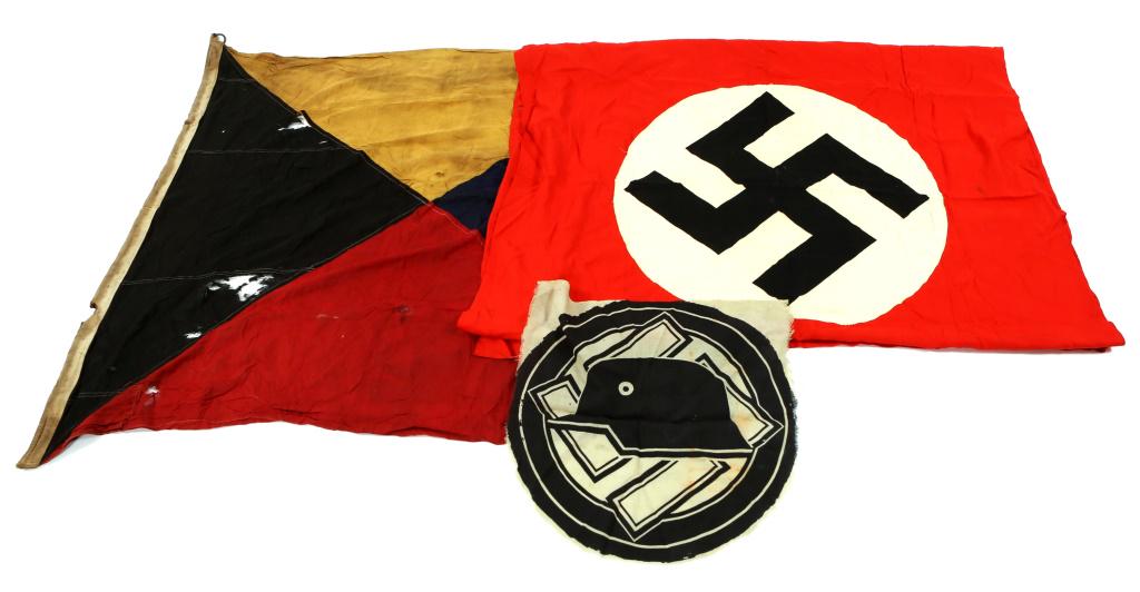 WWII GERMAN NSDAP BANNER & NAVAL SIGNAL FLAG LOT: WWII GERMAN NSDAP BANNER & NAVAL SIGNAL FLAG LOT WWII German NSDAP banner 48" x 112", two part construction, printed swastika. WWII German Navy signal flag. 48" x 52". Center section, cut from N.S.D.F