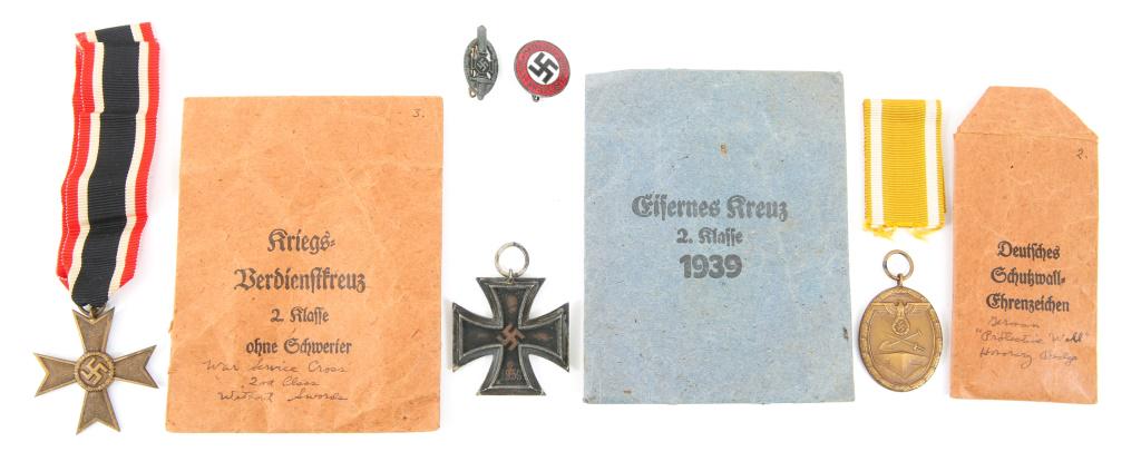 WWII GERMAN MEDAL AND PIN LOT OF 5: WWII GERMAN MEDAL AND PIN LOT OF 5 WWII German medal and pin lot of five. 1- Iron Cross 2nd Class, stamped 128 on the ring, missing the ribbon. 1- War Service Cross without sword. 1- German West Wall 
