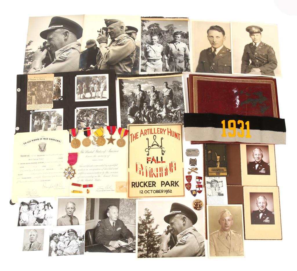 WWII ARCHIVE OF COLONEL MERLE L. FISHER: WWII ARCHIVE OF COLONEL MERLE L. FISHER WWII archive of US Army Colonel Merle L. Fisher. Named legion of Merit medal (dated 20 March 1946). 40 photos in album. Documents, WWII medals, DUI crests, dog 