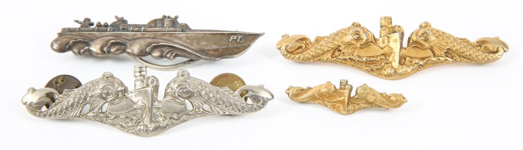 WWII - KOREA US NAVY SUBMARINE & PT BOAT BADGE LOT: WWII - KOREA US NAVY SUBMARINE & PT BOAT BADGE LOT WWII - Korean War, US Navy Submarine & PT boat insignia. Lot of 2 Officer badges, 1- full size 2.3/4", pinback, unmarked. 1- Size 1.1/2", pinback, st
