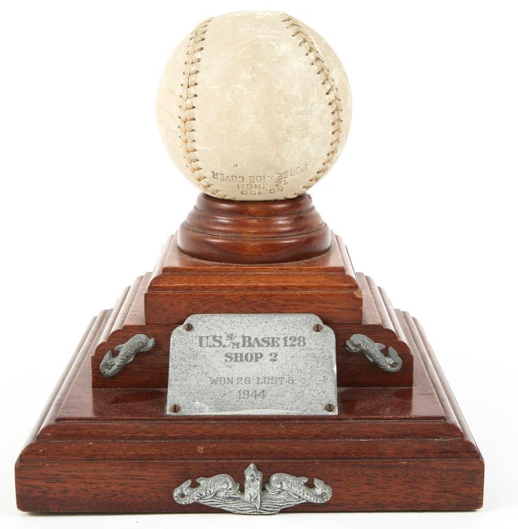 WWII USN PEARL HARBOR SOFT BALL TROPHY: WWII USN PEARL HARBOR SOFT BALL TROPHY USN Pearl Harbor Submarine Base 128, Shop 2, 1944 Soft Ball Trophy. Size: 8" x 8" x 9"