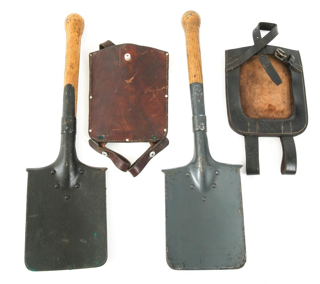 WWII WORLD MILITARY SHOVEL LOT OF 2: WWII WORLD MILITARY SHOVEL LOT OF 2 WWII World military shovel lot. Swiss Army shovel, carry case stamped: "E. Schoni Sattler Jegenstorf," shovel stamped "LC40." WWII Swiss Army shovel, stamped: "F.A.