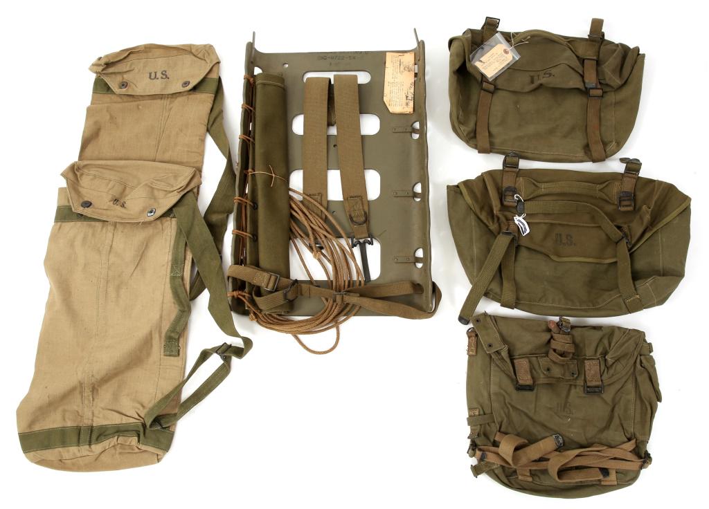 WWII US ARMY RADIO PACK FRAME & PACK LOT: WWII US ARMY RADIO PACK FRAME & PACK LOT American Seating Co. unissued,1945 radio pack frame, with original instruction pamphlet, with canvas backing and rope. 1 M1945 combat field bag. 2 M1945 Cargo 