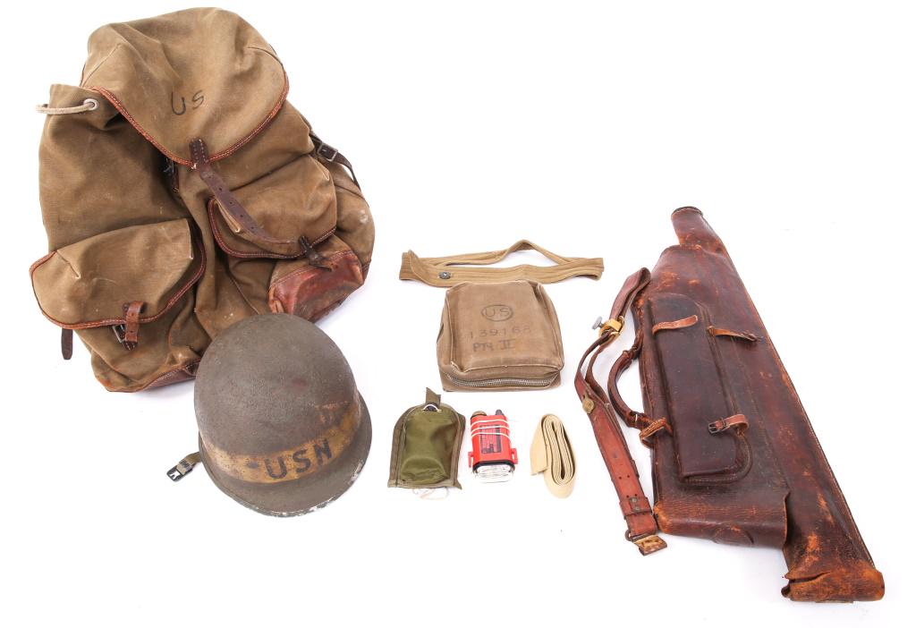 WWII - VIETNAM WAR US ARMY FIELD GEAR LOT: WWII - VIETNAM WAR US ARMY FIELD GEAR LOT WWII US Army mountain rucksack, M1 Helmet, rear seam, swivel bale. Vietnam War US Army WILD Heerbrugg Switzerland field microscope kit. 1 SDU-5/E distress mar