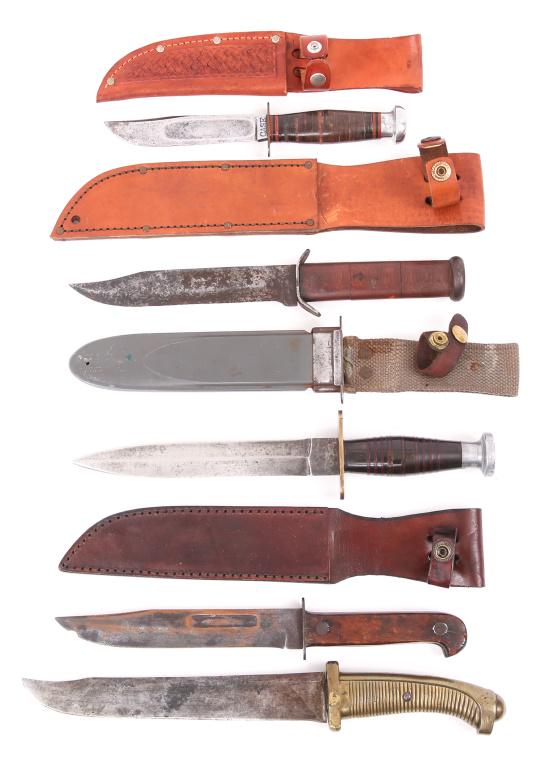 THEATER MADE KNIFE & DAGGER LOT OF 5: THEATER MADE KNIFE & DAGGER LOT OF 5 1 1800s Dutch Model 2 Briquet sword fashioned into a knife. 1 WWII Case sheath knife. 1 WWII USN MKII KA-BAR blade with theater made grip. 1 WWII theater made dagg