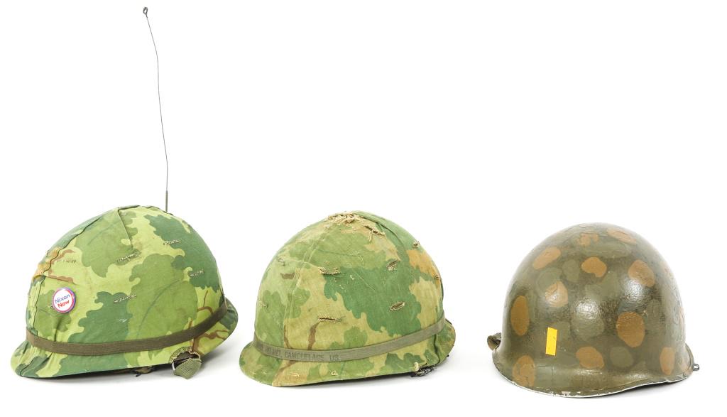 VIETNAM WAR US ARMY M1 COMBAT HELMET LOT OF 3: VIETNAM WAR US ARMY M1 COMBAT HELMET LOT OF 3 Vietnam War, US Army M1 combat helmet lot of three. 1- Early Nam Officer camo, CAPAC liner, WWII era front seem shell. 1- Late 1960's Airborne with patrol