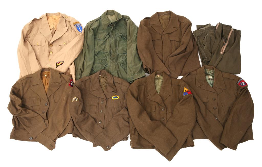 KOREAN WAR US ARMY UNIFORM LOT: KOREAN WAR US ARMY UNIFORM LOT Includes two 82nd airborne tunics. 1 ranger airborne tunic, and 3 other tunics. 1 pair of combat pants and M65 jacket. Size: S-L