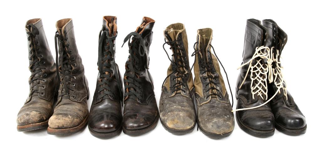 VIETNAM WAR US ARMY COMBAT BOOTS LOT OF 4: VIETNAM WAR US ARMY COMBAT BOOTS LOT OF 4 Vietnam War, US Army combat boots lot of four. 1- Jungle boots size 12R, dated 65. 3- Pairs of US combat & Airborne black leather boots, one pair rigger made 