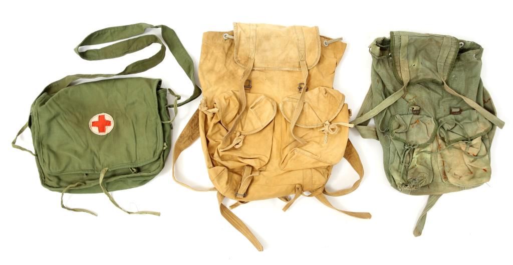 VIETNAM WAR NVA / VC RUCKSACK & MEDIC MUSETTE LOT: VIETNAM WAR NVA / VC RUCKSACK & MEDIC MUSETTE LOT Vietnam War, North Vietnamese Army / Vietcong, jungle rucksack lot of two. 1- Medic musette bag.