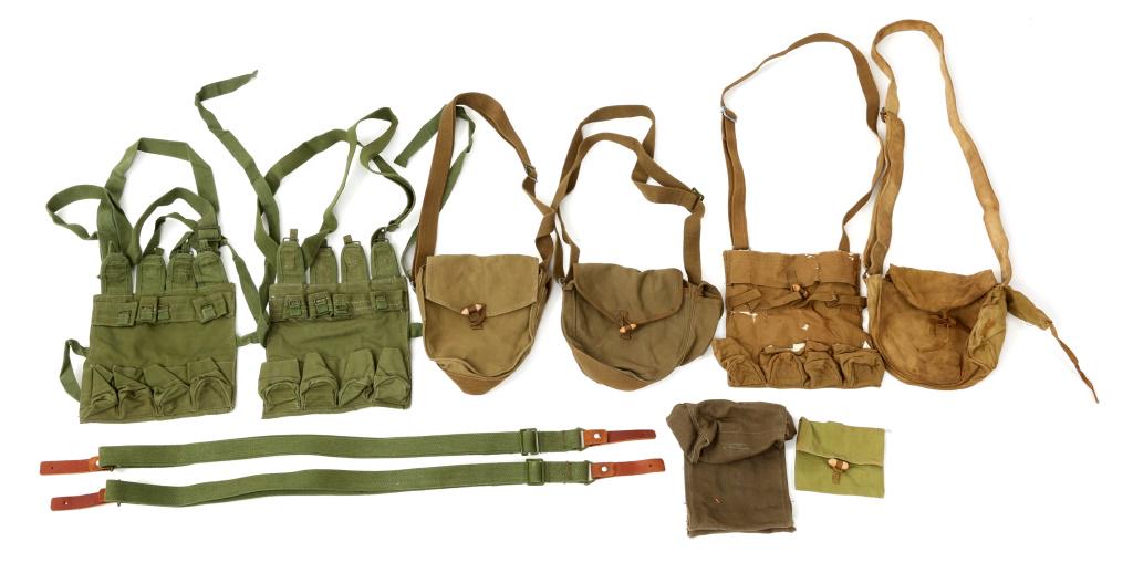 VIETNAM WAR NVA / VC FIELD GEAR LOT: VIETNAM WAR NVA / VC FIELD GEAR LOT Vietnam War era, North Vietnamese Army / Vietcong field gear lot. 4 pockets grenade carrying pouches, MG drum magazine pouches, first aid / cleaning kit pouch, SKS 