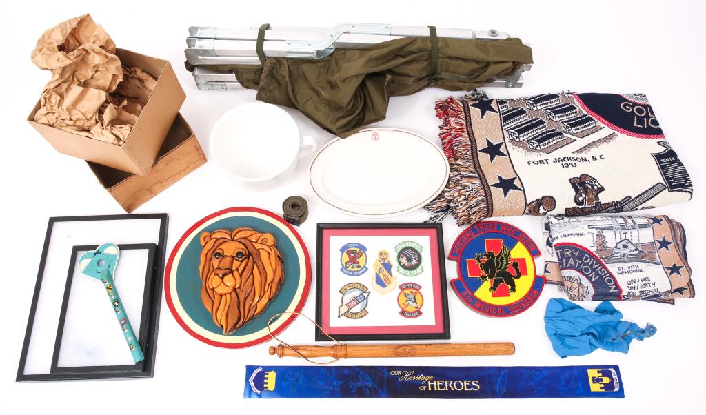 US MILITARY ITEM BONANZA LOT: US MILITARY ITEM BONANZA LOT Large RAF tea cup, measures 9" diameter, by 5" high. 1928 US Army Medical Department platter. Louisville slugger baton. 43rd Medical Squadron plaque. Two 106th Infantry Di