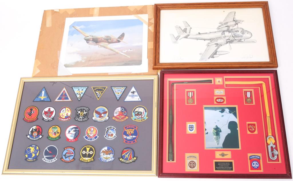 KOREAN WAR AIRBORNE TRIBUTE & AIRCRAFT PRINT LOT: KOREAN WAR AIRBORNE TRIBUTE & AIRCRAFT PRINT LOT 82nd Airborne tribute display, with medals, photo, patches, badges. Training Squadron patch lot of 25 in display case. "Tiger 77" print by D. H. Herrin