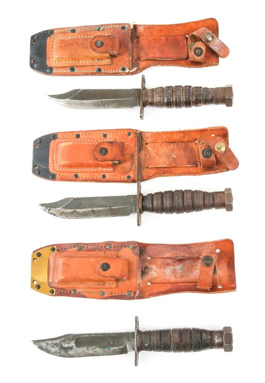 USAF PILOT SURVIVAL KNIFE LOT OF 3: USAF PILOT SURVIVAL KNIFE LOT OF 3 Post Vietnam War - Desert Storm era, USAF Pilot survival knife, lot of three. 1- Ontario 3-79 stamped on the bolt pommel, leather sheath & sharpening stone. 1- Ontar