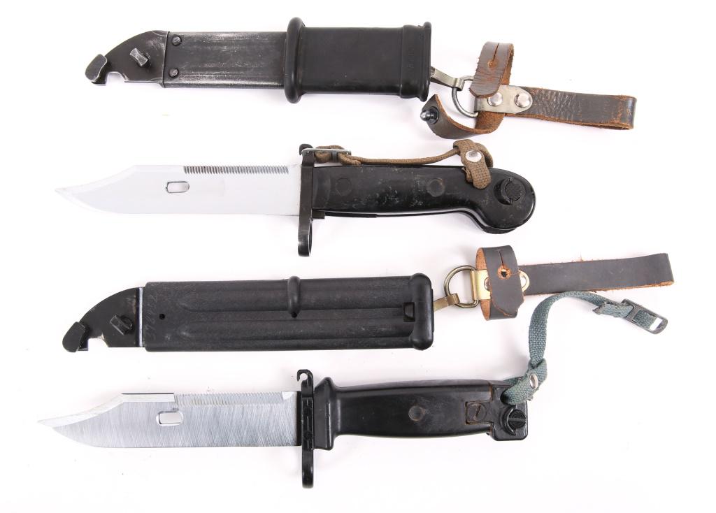 COLD WAR GERMAN & YUGOSLAVIAN AK-47 BAYONET LOT: COLD WAR GERMAN & YUGOSLAVIAN AK-47 BAYONET LOT 1 Cold War E. German AK-47 bayonet, scabbard. 1 Yugoslavian AK-47 bayonet, with scabbard. Blade Length: 6" Overall Length: 11"