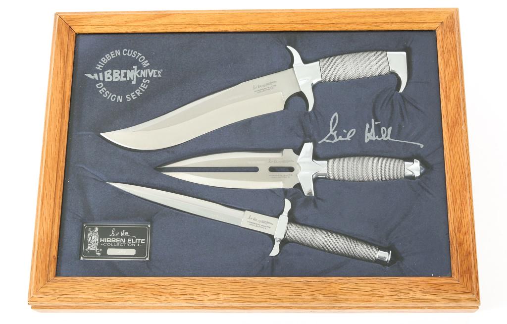 HIBBEN KNIVES ELITE COLLECTION 1 SERIES 0293-1000: HIBBEN KNIVES ELITE COLLECTION 1 SERIES 0293-1000 Hibben Knives, Elite Collection 1, series 0293 / 1000 in 18" x 13" sealed show case. COA included. Blade Length: 6" to 8.1/2" Overall Length: 11" to 1