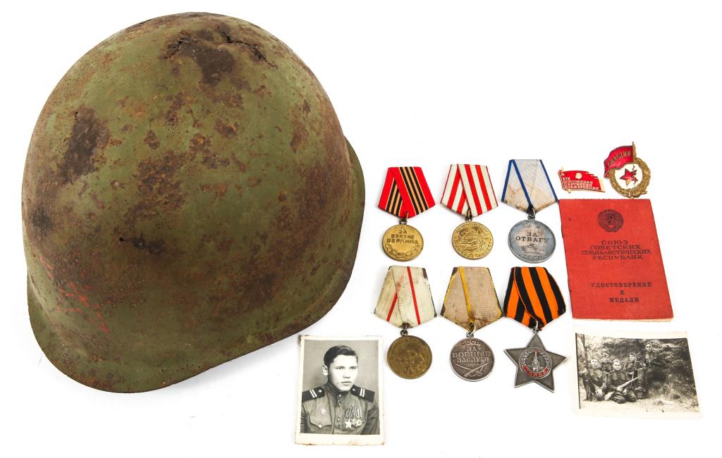 WWII SOVIET ARMY SSH40 HELMET & MEDAL LOT: WWII SOVIET ARMY SSH40 HELMET & MEDAL LOT WWII Soviet Army SSH40 combat helmet and medal lot. Includes Medal for Valor citation book with 2 pictures, Order of Glory 3rd class, Medal of Valor, Medal fo