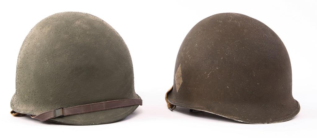 WWII M1C US PARATROOPER JUMP HELMET LOT OF 2: WWII M1C US PARATROOPER JUMP HELMET LOT OF 2 WWII refurbished US Airborne, 501st PIR, Paratrooper M1C jump helmet. Late war 1945, front seam, swivel bale, Westinghouse liner. 1- WWII refurbished M1C p