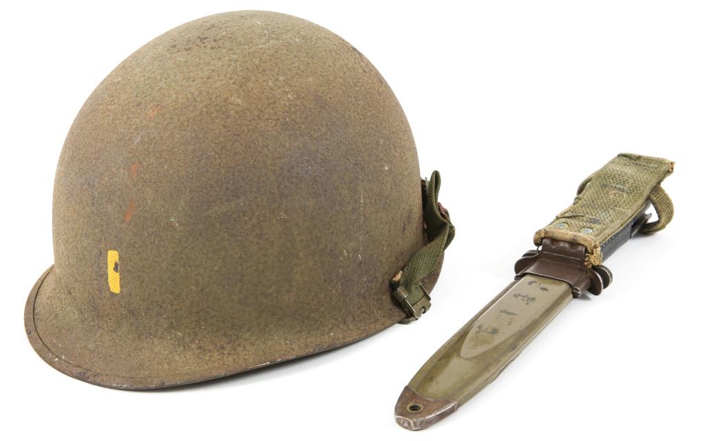 KOREAN WAR US ARMY OFFICER M1 HELMET & BAYONET LOT: KOREAN WAR US ARMY OFFICER M1 HELMET & BAYONET LOT Korean War, US Army Officer M combat helmet, back seam, swivel bales, Capac liner with OD green webbing, 2nd Lt bar on the liner and painted on the f