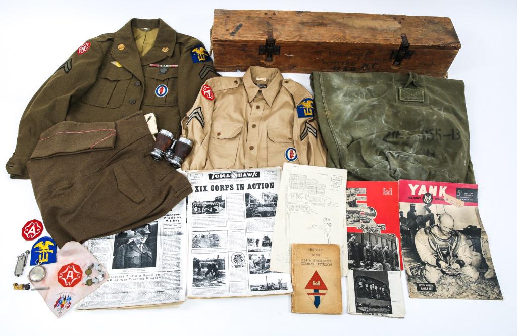 WWII US ARMY COMBAT ENGINEER NAMED GROUPING: WWII US ARMY COMBAT ENGINEER NAMED GROUPING "History of the 234th Engineer Combat Battalion" by Thomas V. Duggan (1947); handkerchief with 9th US Army insignia; WWII souvenir booklet showing photos of