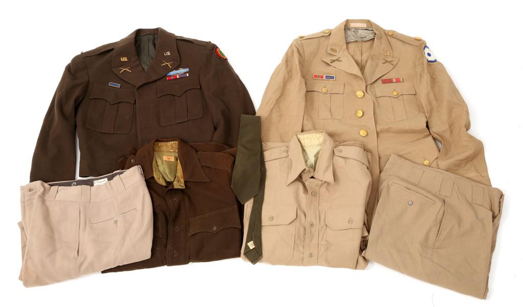 WWII US ARMY OFFICER UNIFORM LOT: WWII US ARMY OFFICER UNIFORM LOT 1 WWII US Army Infantry Major summer uniform, tunic, pants and shirt, with ribbon bars & insignia, size 36R. 1 WWII US Army Infantry 2nd Lieutenant pinks & greens unif