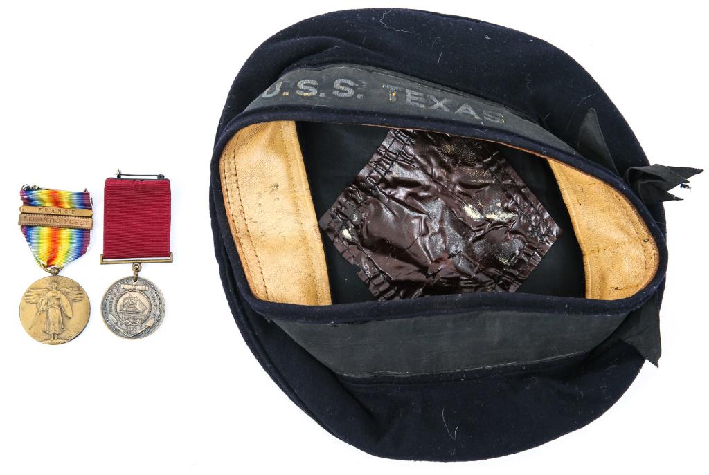 USS TEXAS 1923 NAMED GOOD CONDUCT MEDAL LOT: USS TEXAS 1923 NAMED GOOD CONDUCT MEDAL LOT US Navy, USS Texas medal group & hat. Good Conduct medal engraved to " Newell B. Crossman U.S.S Texas 20-May, 1923 ". Victory Medal with " France & Atlantic