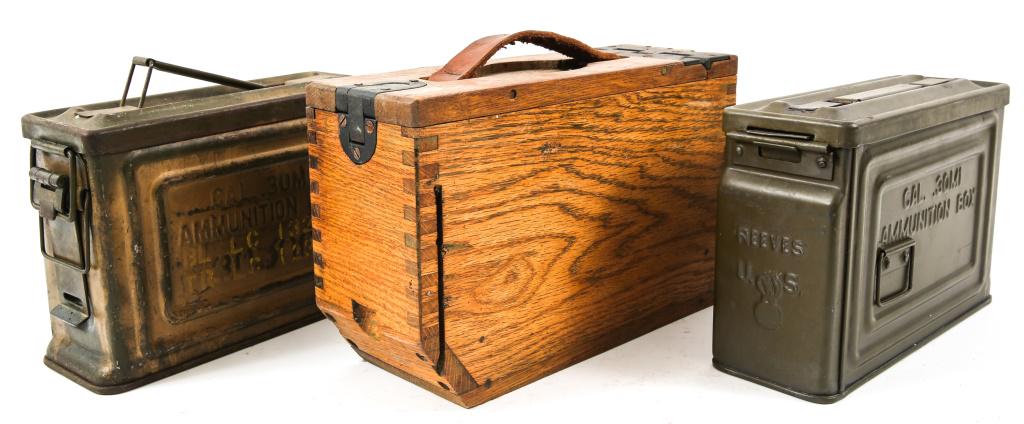 WWI & WWII US ARMY AMMUNITION BOX LOT OF 3: WWI & WWII US ARMY AMMUNITION BOX LOT OF 3 WWI M1917 Browning MG wooden ammo box. 2- US M1 carbine 30.cal ammo box.