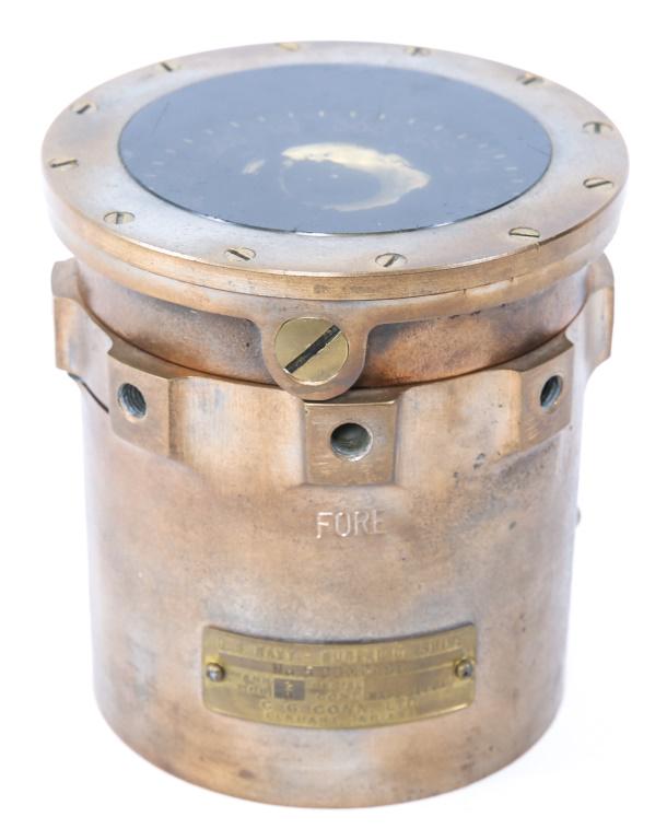 WWII US NAVY BRASS COMPASS No 5: WWII US NAVY BRASS COMPASS No 5 WWII US Navy, Bureau of Ships, brass compass No 5. Size: 5" tall x 4.1/2" dia.