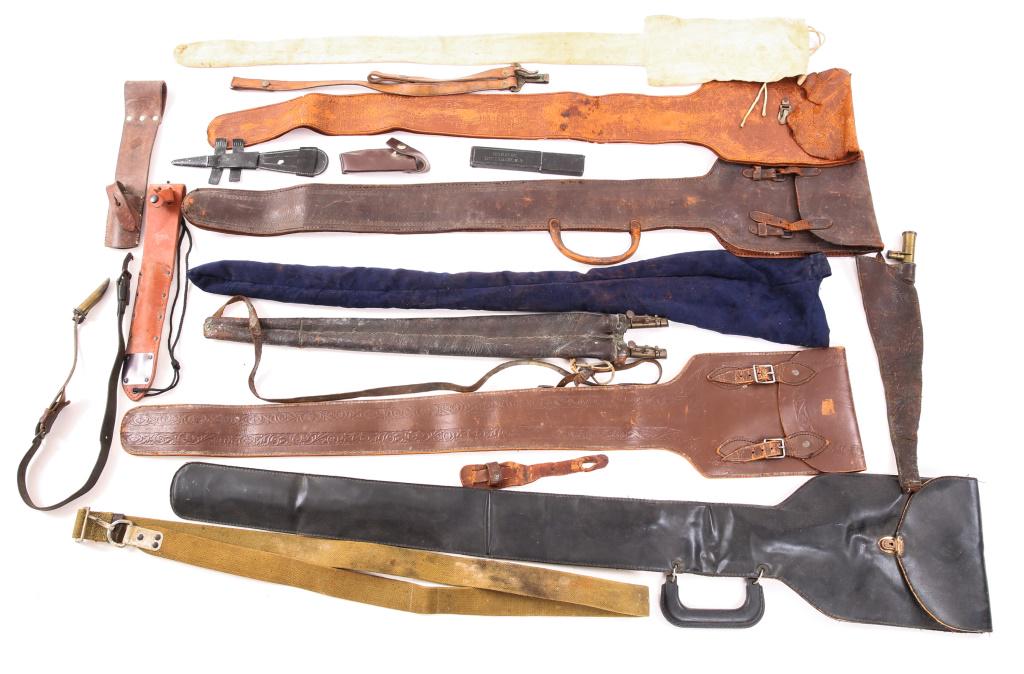 SWORD CASE, LEATHER SHOT FLASK & SHEATH LOT: SWORD CASE, LEATHER SHOT FLASK & SHEATH LOT 2 leather shot flasks ( one is a leather double sided sling flask 23"x3", the other has a single spout and is 13"x3"). 6 Leather and fabric sword cases. bel