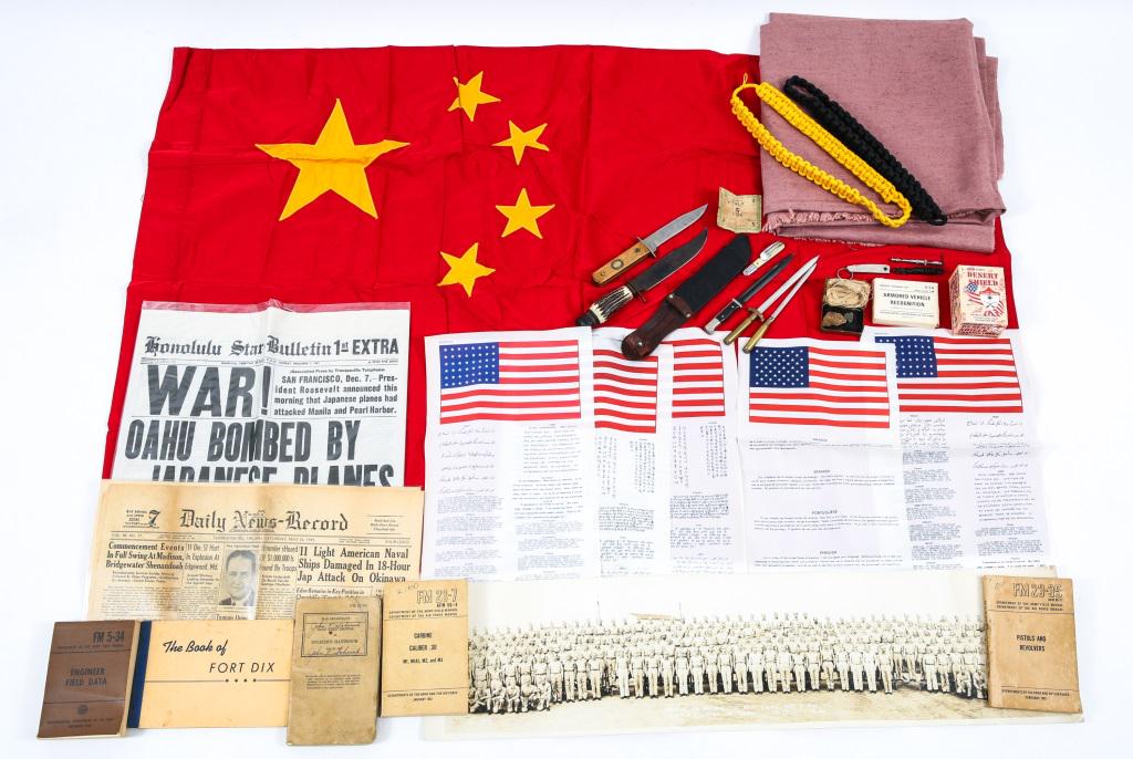 US MILITARY MEMORABILIA BONANZA LOT: US MILITARY MEMORABILIA BONANZA LOT US Memorabilia bonanza lot. Includes knife, manual books, cards, official US Gov Chinese flag; mini swords and knife and more related items.