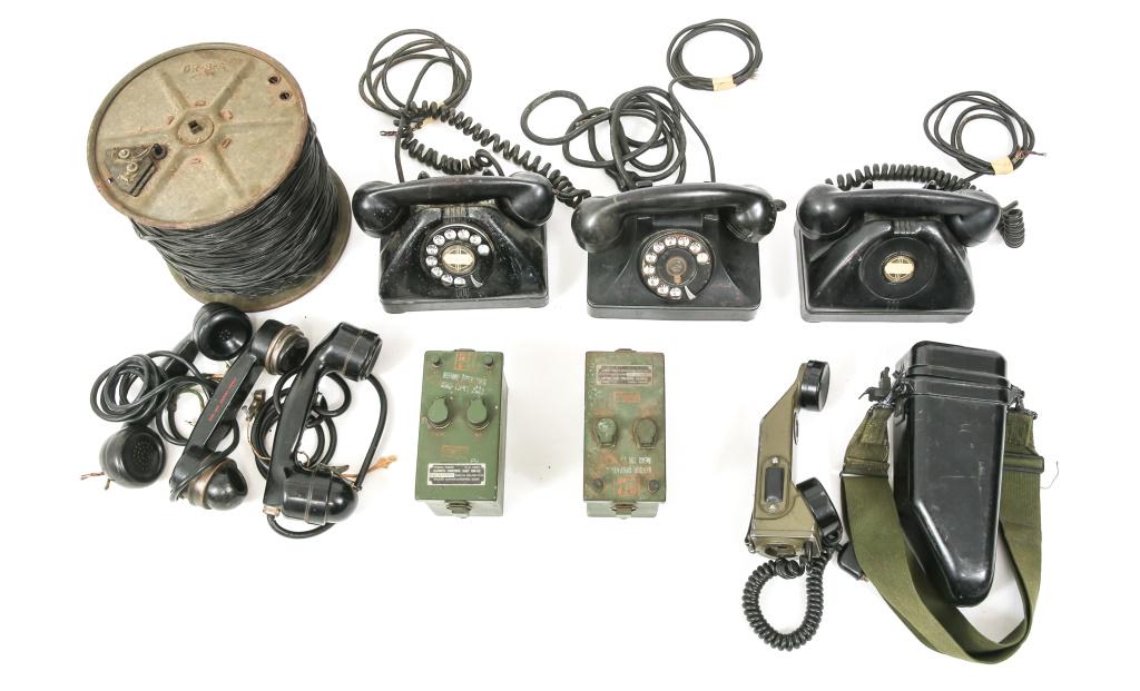 US ARMY SIGNAL CORPS FIELD TELEPHONE LOT: US ARMY SIGNAL CORPS FIELD TELEPHONE LOT WWII - Korean War, US Army field telephone and gear lot. 1- Roll DR-8-A of telephone wire. 3- Telephone TP-6-A telephone. 3- Telephone receivers, Navy Type L, 