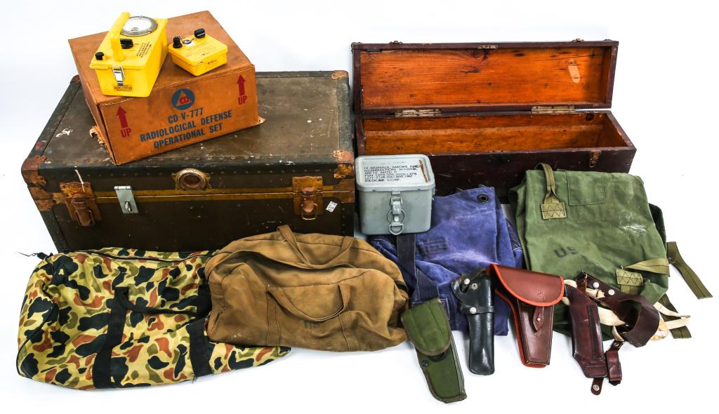 MILITARY TRUNK AND FIELD GEAR LOT: MILITARY TRUNK AND FIELD GEAR LOT Lot of military trunk and field gear. Includes, 30" x 17" x 13" Military style trunk, 32" x 8" x 10" wooden crate, duffel bags, camo hand bag, holsters, Signal flare 