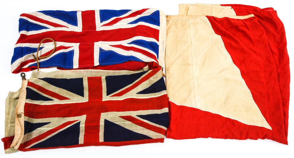 WWII BRITISH NAVY ENSIGN & STEAMSHIP FLAG LOT OF 3: WWII BRITISH NAVY ENSIGN & STEAMSHIP FLAG LOT OF 3 WWII British flag, lot of 3. Includes British Navy ( Civilian ) " Red Ensign " flag, multiple piece construction, size 32" x 74"; British Royal Navy 