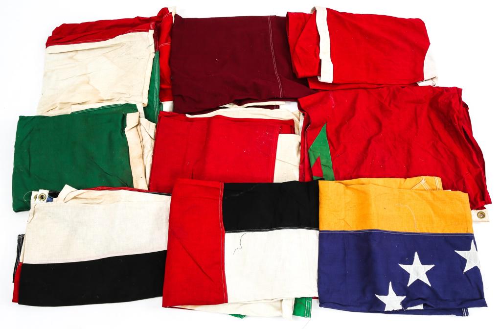 WORLD NATIONAL FLAG LOT OF 9: WORLD NATIONAL FLAG LOT OF 9 US made multiple piece construction World national flag, lot of 9. Venezuela, Emirates, S. Yemen, Morocco, Turkey, Algeria, Bahrain, Qatar, Oman. Size: 4 x 6 Ft
