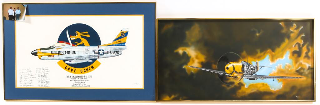 WWII AIRCRAFT PAINTING BY SPENCER REES LOT OF 2: WWII AIRCRAFT PAINTING BY SPENCER REES LOT OF 2 Signed original pen, ink, and paint illustrations by Spencer Rees. Painting of the North American F86D-45 NA Sabre where Rees served as crew chief, with