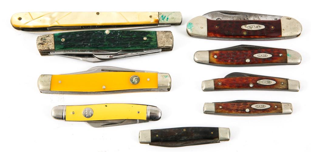 CASE AND GERMAN MADE POCKET KNIFE LOT OF 9: CASE AND GERMAN MADE POCKET KNIFE LOT OF 9 Lot of 5 Case knives and 4 German made pocket knives. Blade Length: 1 1/2" to 5" Overall Length: 5" to 10"