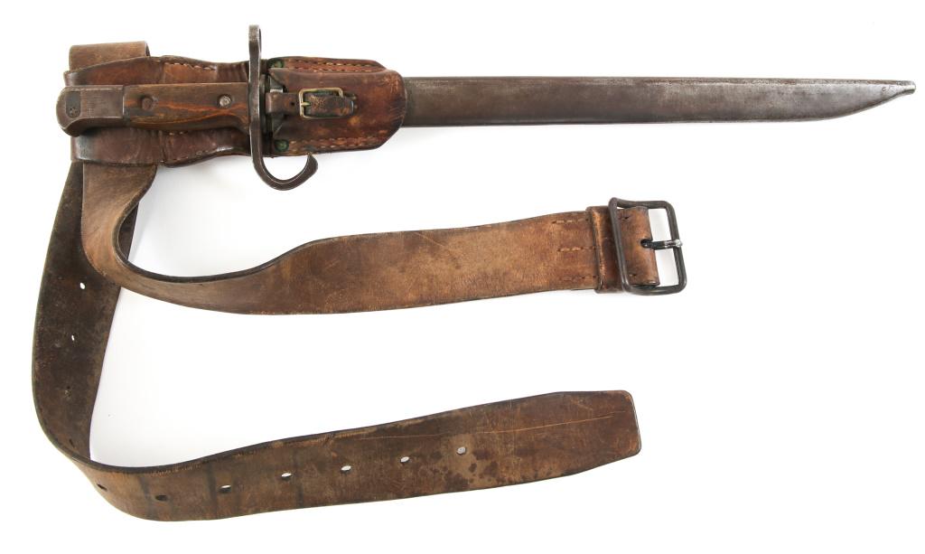 WWII JAPANESE BAYONET TYPE 30 WITH FROG & BELT: WWII JAPANESE BAYONET TYPE 30 WITH FROG & BELT WWII Japanese Bayonet Type 30, Tokyo Arsenal, bright fullered blade, steel scabbard, belt and leather frog. Blade Length: 15 5/8" Overall Length: 20 1/8"