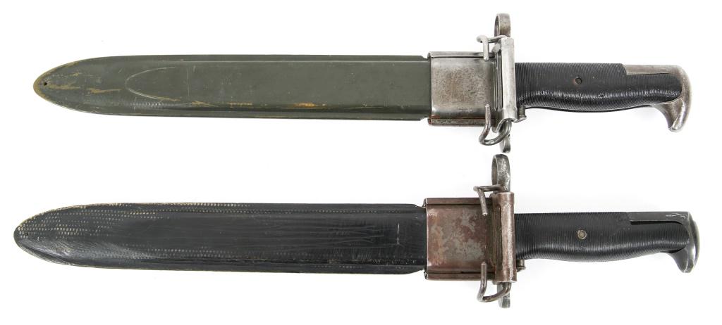 WWII US M1942 M1 GARAND SHORT BAYONET LOT OF 2: WWII US M1942 M1 GARAND SHORT BAYONET LOT OF 2 WWII US M1 Garand M1942 short bayonet with scabbard, lot of 2. 1- M42 cut down S.A 1920. 1- M42 U.C US. Blade Length: 10" Overall Length: 14 1/2"